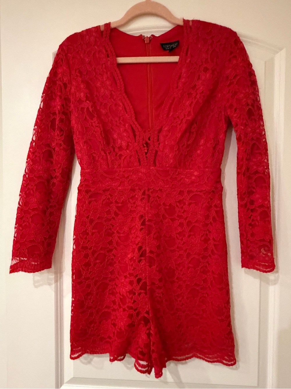 Topshop Red Lace Long-Sleeve Romper